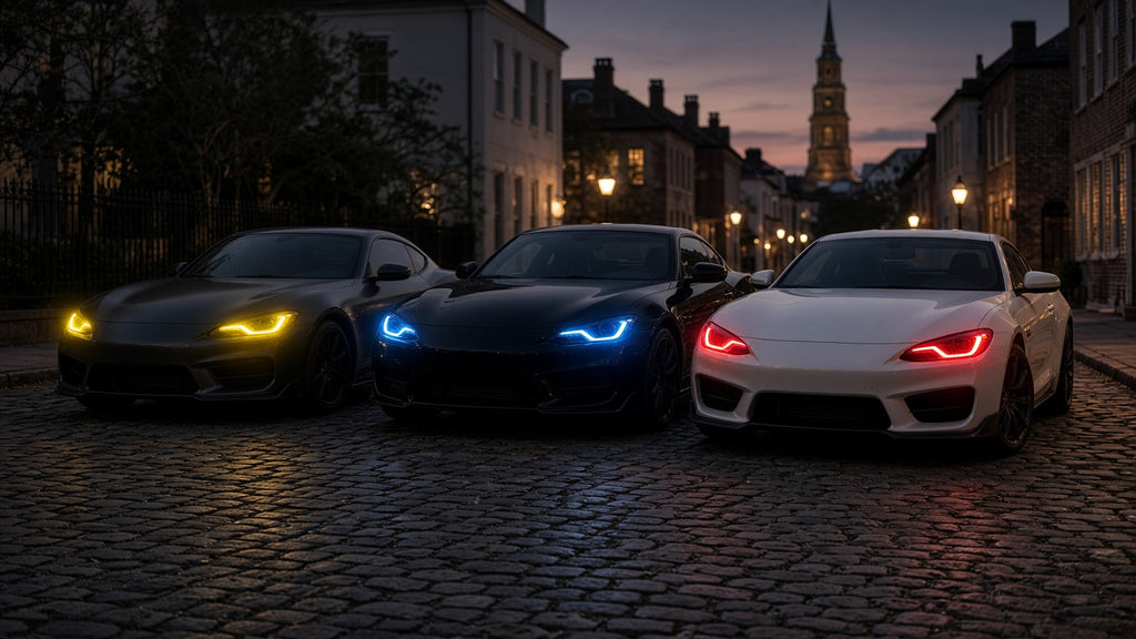 Color Change, PPF & Tint: cars with tinted headlights glowing on a night street