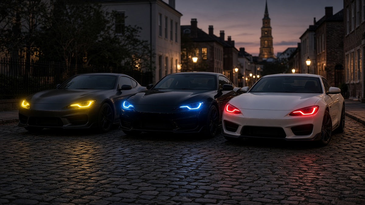 Color Change, PPF & Tint: cars with tinted headlights glowing on a night street