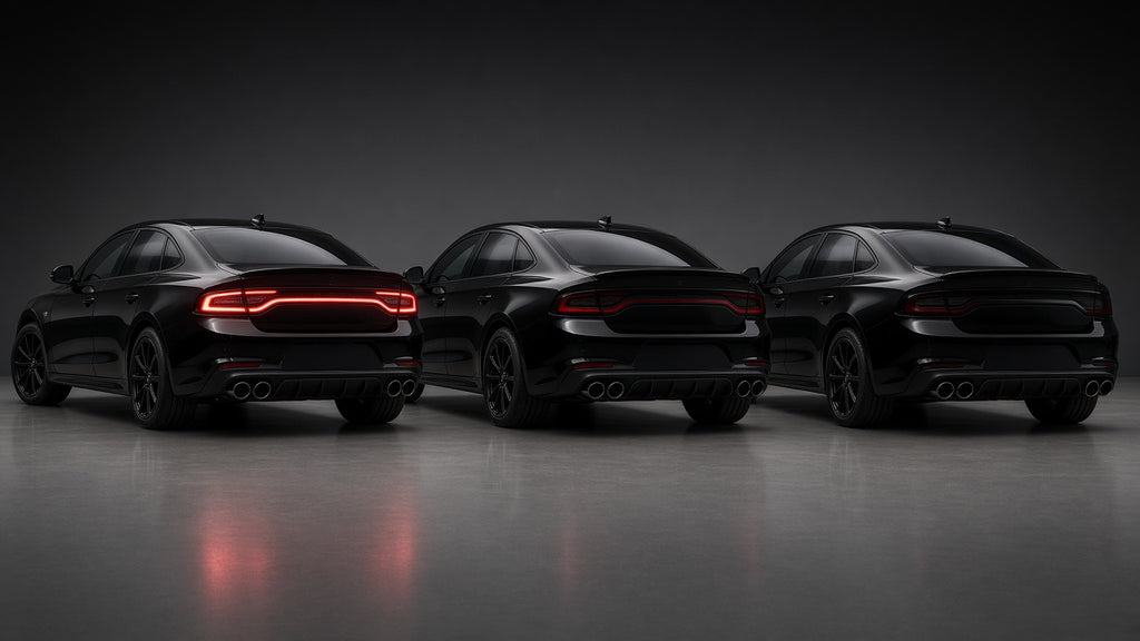Color Change, PPF & Tint: row of three blacked-out cars with tinted lights