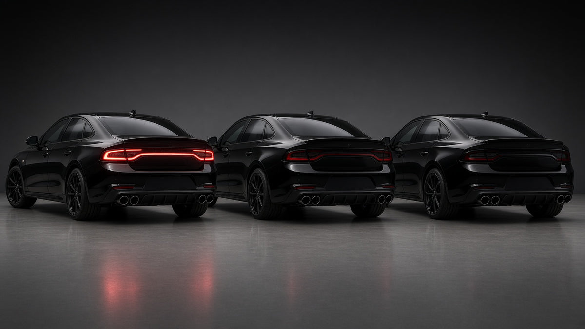 Color Change, PPF & Tint: row of three blacked-out cars with tinted lights