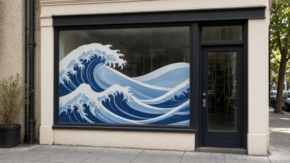 Window Perf: storefront window wrapped in a blue Japanese-style wave graphic