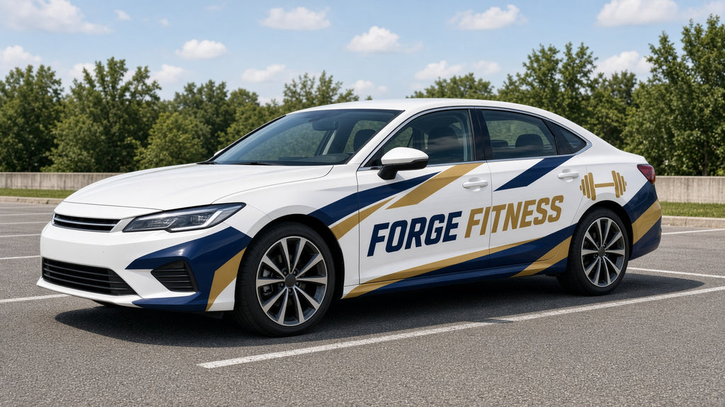 Custom Vehicle Wrap: white sedan with a blue fitness-brand wrap and bold side graphics