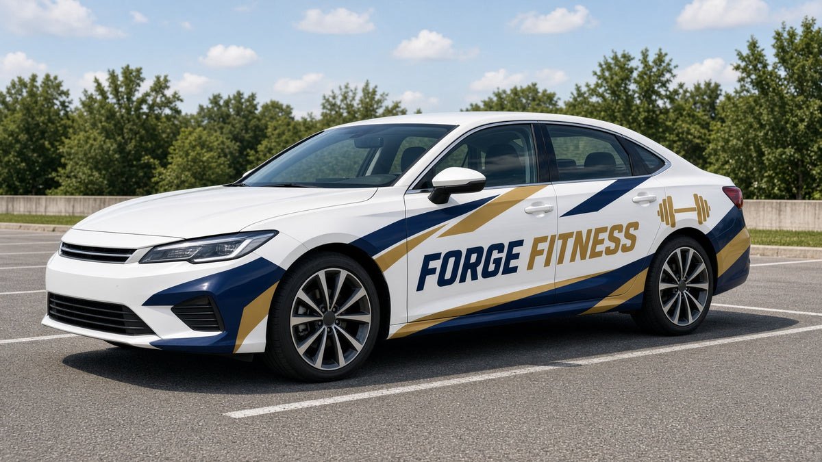 Custom Vehicle Wrap: white sedan with a blue fitness-brand wrap and bold side graphics