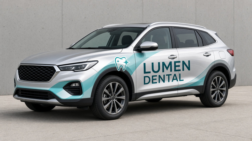Custom Vehicle Wrap: silver SUV with a teal and white dental office wrap