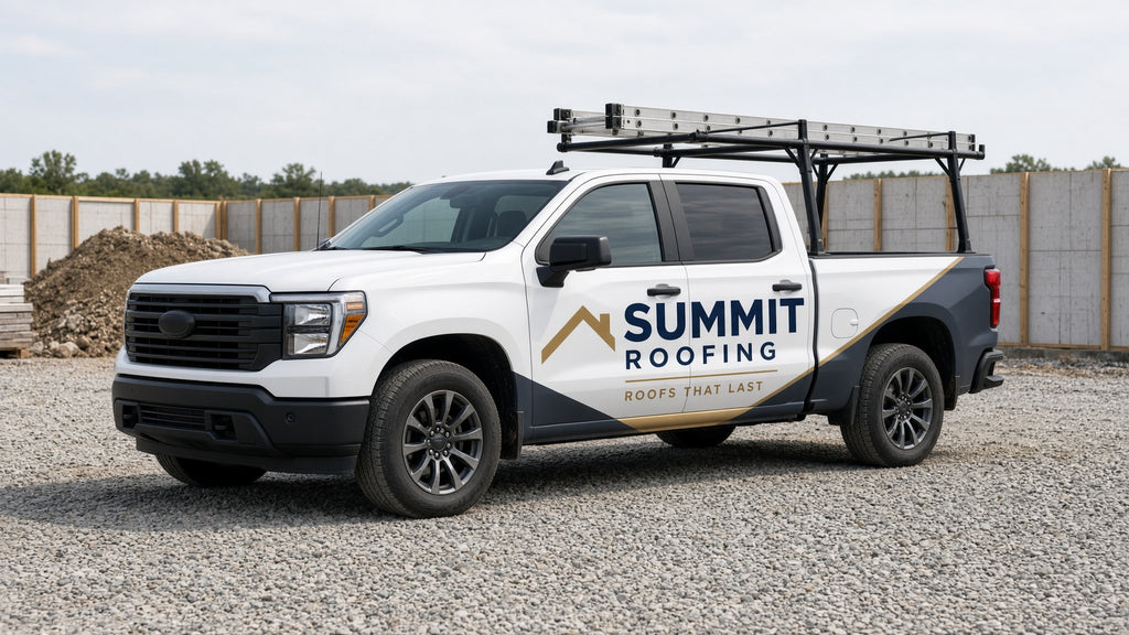 Custom Vehicle Wrap: white work truck with ladder rack and blue and orange business wrap